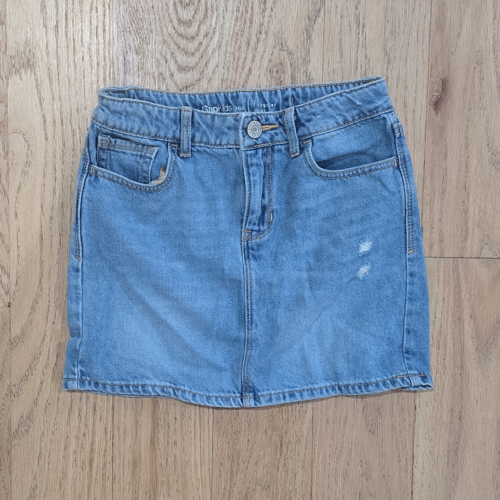 GapKids Denim Mini Skirt Blue Adjustable Waist Size 7 Regular Button Distressed